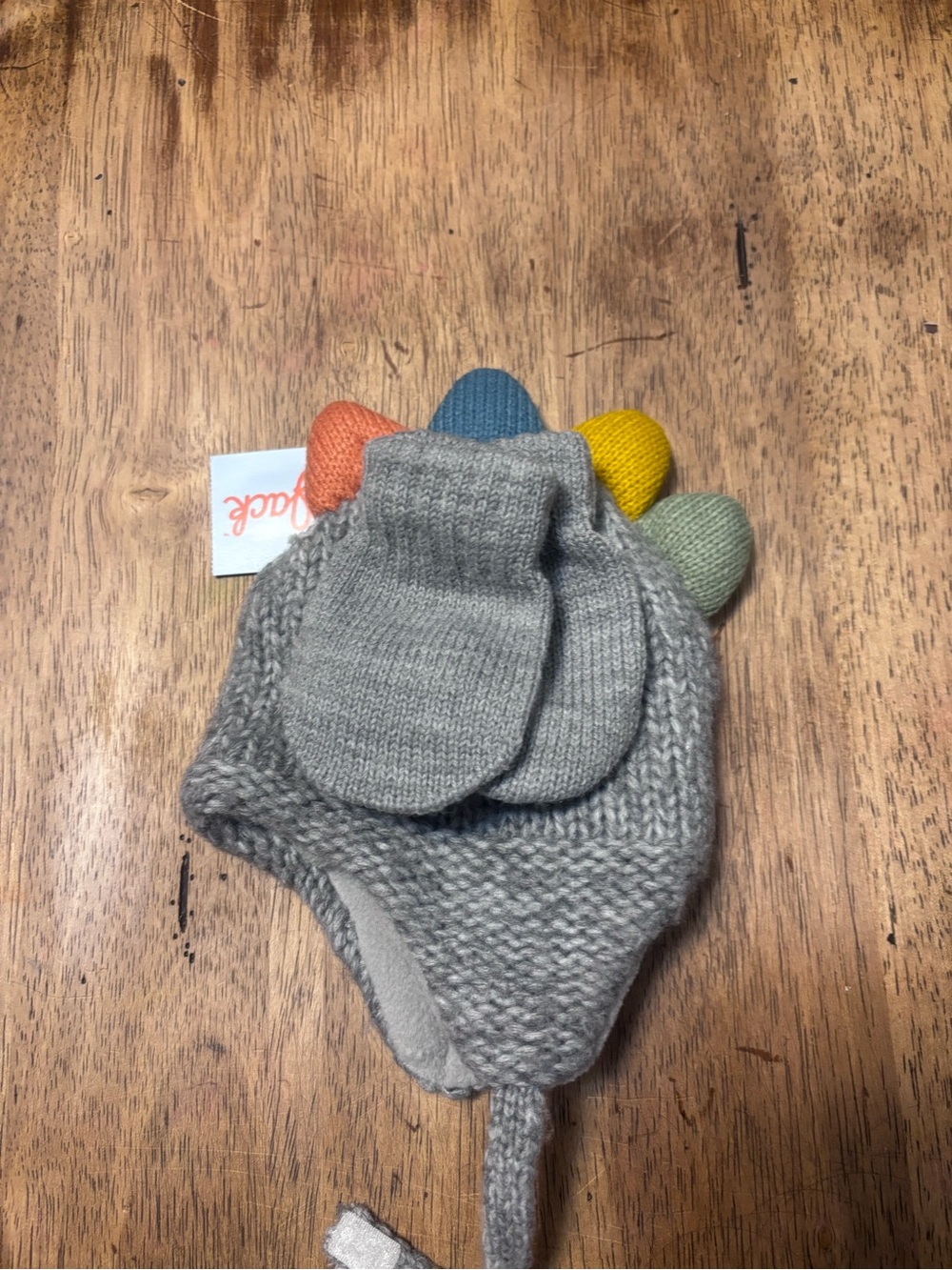 Cat & Jack Gray Knit Earflap Hat with Coral, Blue, Yellow & Sage Pom Accents